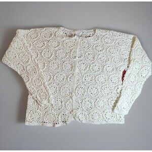 Moda Intl Crochet Cardigan Button Front Womens Med Ivory Medallion Vtg Y2k Retro